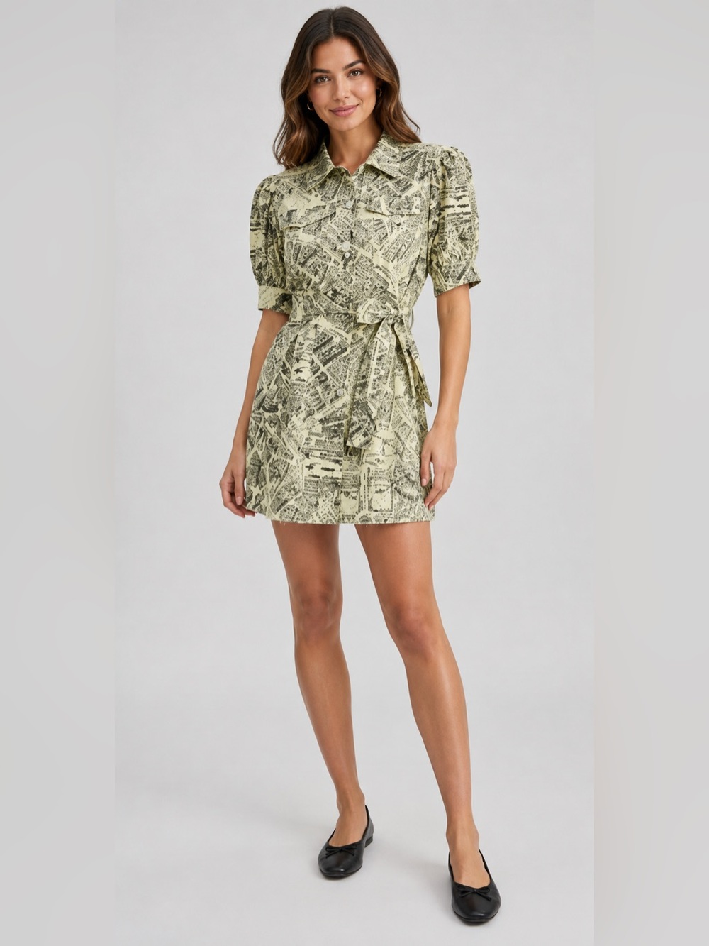 En Saison Paris Map Print Belted Mini Dress Puff Sleeve Toile Small